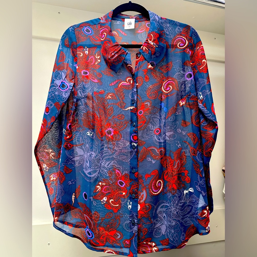 CAbi Long Sleeve Sheer Blue/Red Blouse Size S